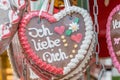 Gingerbread hearts at a folk festival with German words Ã¢â¬â I love you, Germany